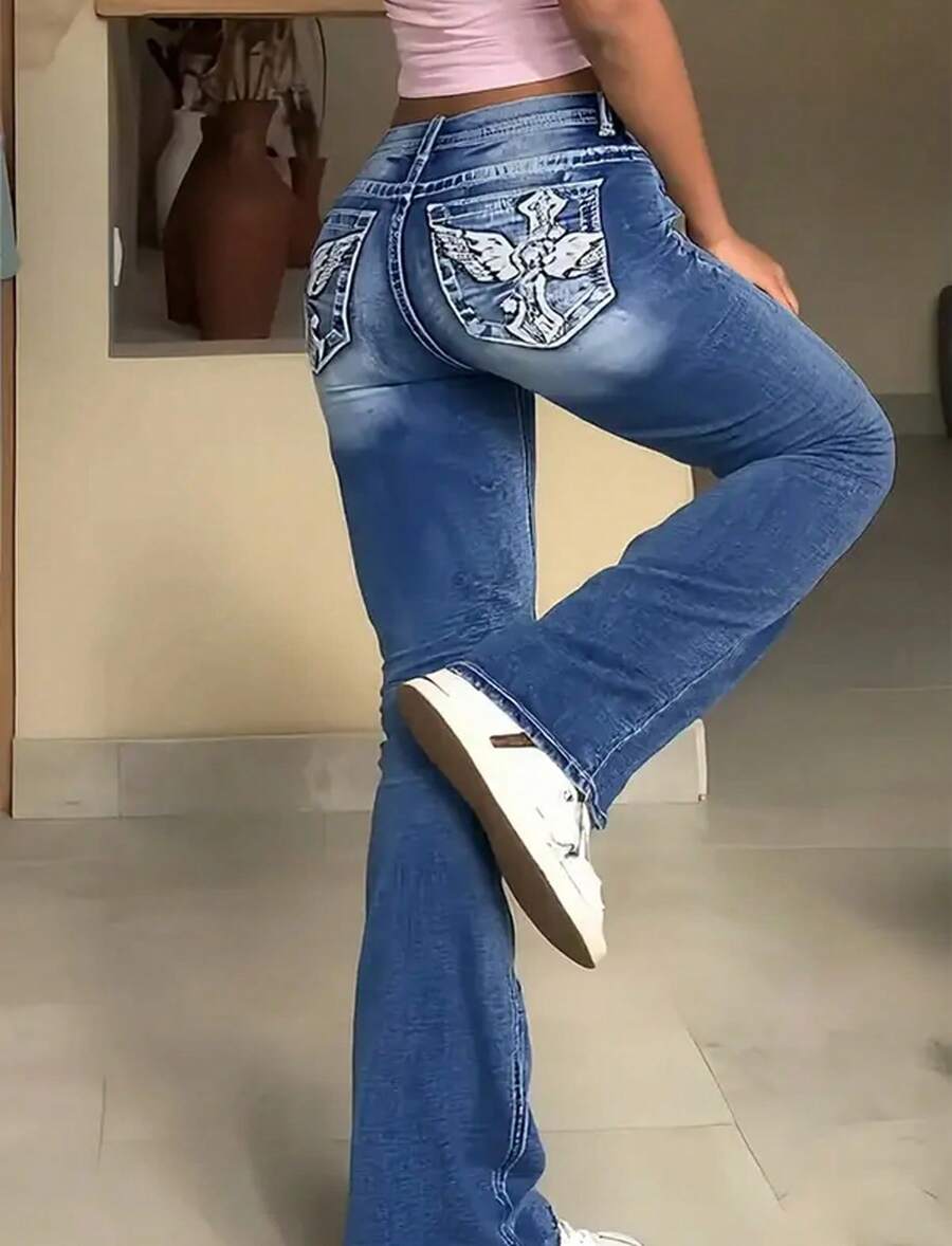 High-Waisted Fashion All-Matching Stretch Jeans, Comfortable Slim Embroidered Flared Jeans, Cocktail Party, Party, Christmas, Nightclub, Banquet, Film Festival, Cinema, Dance Party, Cocktail Party, Bar, Wedding, Graduation Ceremony, Back-To-School, Birthday Party, Rebellious Girl, Festival-Themed Party, Outwear, Street Fashion, Fashion Show, Date, Easter, Mother's Day, Going To Work At University, School, Village, Concert, Street Girl, Young Girl, Country Outfits For Women, Best Outwear For Women, Women's Vacation Clothing, Country Concert Outfit, Country Outfits For Women, Streetwear, Concert Outfit For Women, Boho Women's Clothing, Country Concert Outfit, Concert Outfits, Vaquera Outfit, Y2K Clothes, Women's Club Outfits, Y2K Women's Clothes, Women's Clothing, Country Concert Outfit For Women - 寶藍色 - 查看 1