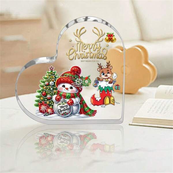 2D Flat Acrylic Christmas Decor Sign - Heart Shaped Winter Snowman And Deer Design With "Merry Christmas" Text, Transparent Desktop Decor For Home, Office, Party And Holiday Gifts, Holiday Decor | Clear Acrylic Christmas Ornament