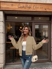 Women's Casual Everyday Zip-Up Jacket - Lightweight Polyester, Textured Fabric, Machine Washable, Perfect For Spring And Fall. Fashion Style - 杏色 - 查看 2