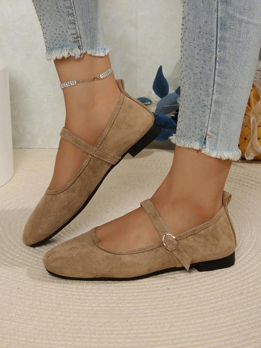 Zapatos planos cómodos de suela suave y diseño de hebilla retro para mujer, bailarinas, zapatos tipo Mary Jane - Caqui - Ver 1