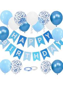 1/18/19 piezas Pancarta de Feliz Cumpleaños, Decoración de Cumpleaños Azul, 16 Globos de 12 pulgadas con 2 Cintas para Decoración de Fiesta de Cumpleaños de Niños y Niños de Cualquier Edad
