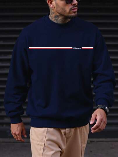 Plus Size Men's Sweatshirt, Men Casual Slogan Print Crew Neck Long Sleeve Pullover Hoodie, Autumn/Winter