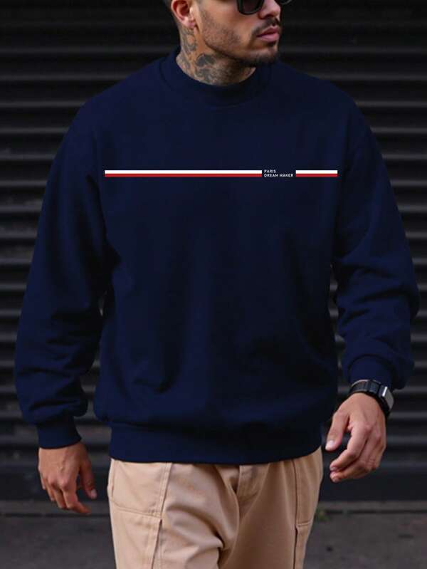 Plus Size Men's Sweatshirt, Men Casual Slogan Print Crew Neck Long Sleeve Pullover Hoodie, Autumn/Winter