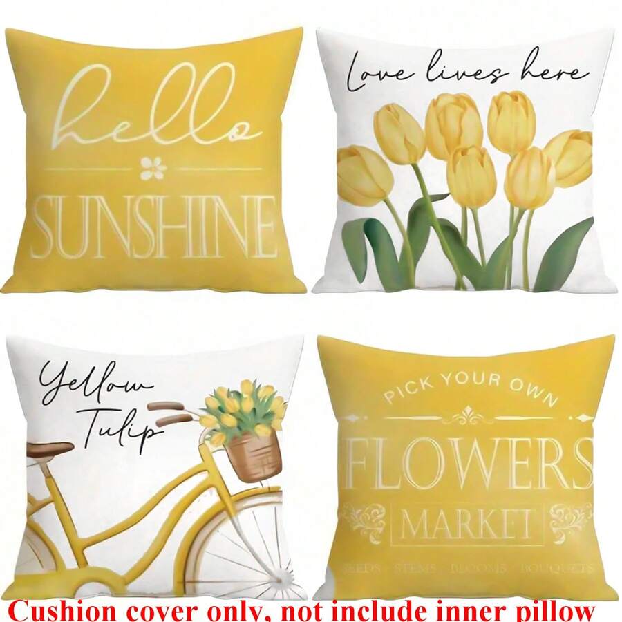 4pcs Spring Wedding Season Cozy Yellow Floral & Letter Decorative Throw Pillow Covers, 17.7x17.7 Inches, Home, Car, Sofa Decor - Yellow Tulip And Bicycle Design - (Pillow Inserts Not Included), Mother's Day/Teacher's Day Gift - Yellow - View 1