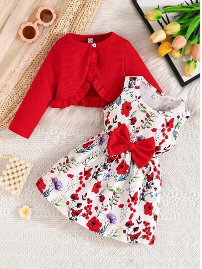 2pcs/Set Baby Girls Autumn Long Sleeve Ruffle Top And Sleeveless Round Neck Floral Print Bowknot Dress Casual Cute Outfit For Outdoor/Holiday