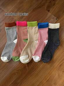 Random 5/3/1 Pair Of Women's Color-Blocked Striped Mid-Tube Socks, Multi-Color Splicing, Versatile Fashion Sports Socks, Contrast Cuff Striped Socks, Women's Socks, Casual Long Tube Tassel Socks (Due To The Lighting And Angle When Shooting, The Actual Product May Have A Slight Color Difference From The Picture)