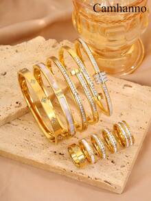 Camhanno 10pcs Exquisite And Fashionable Stainless Steel Bracelet Ring Set, Uniquely Designed, Perfect For Dating Occasions, Adding A Touch Of Elegance To Your Appearance, Perfect For Holiday And Birthday Gifts - Multicolor - View 5