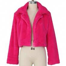 Women's Open Front Solid Color Fuzzy Cropped Jacket - 玫紅色 - 查看 9