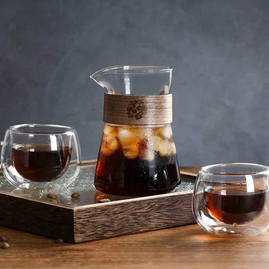 Jarra de cafetera de vidrio de 17oz/500ml, taza de vaso de chupito de café expreso de alto borosilicato con capa de madera resistente al calor, accesorios de café B7TH - 1 pieza transparente - Ver 1