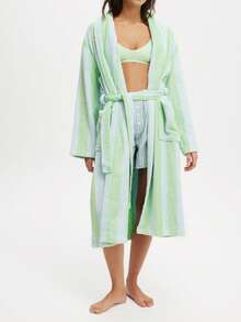 Womens Plush Soft Robe Long Sleeve Belted Striped Bathrobe With 2 Pockets For Spa, Pool - 綠松石色 - 查看 1