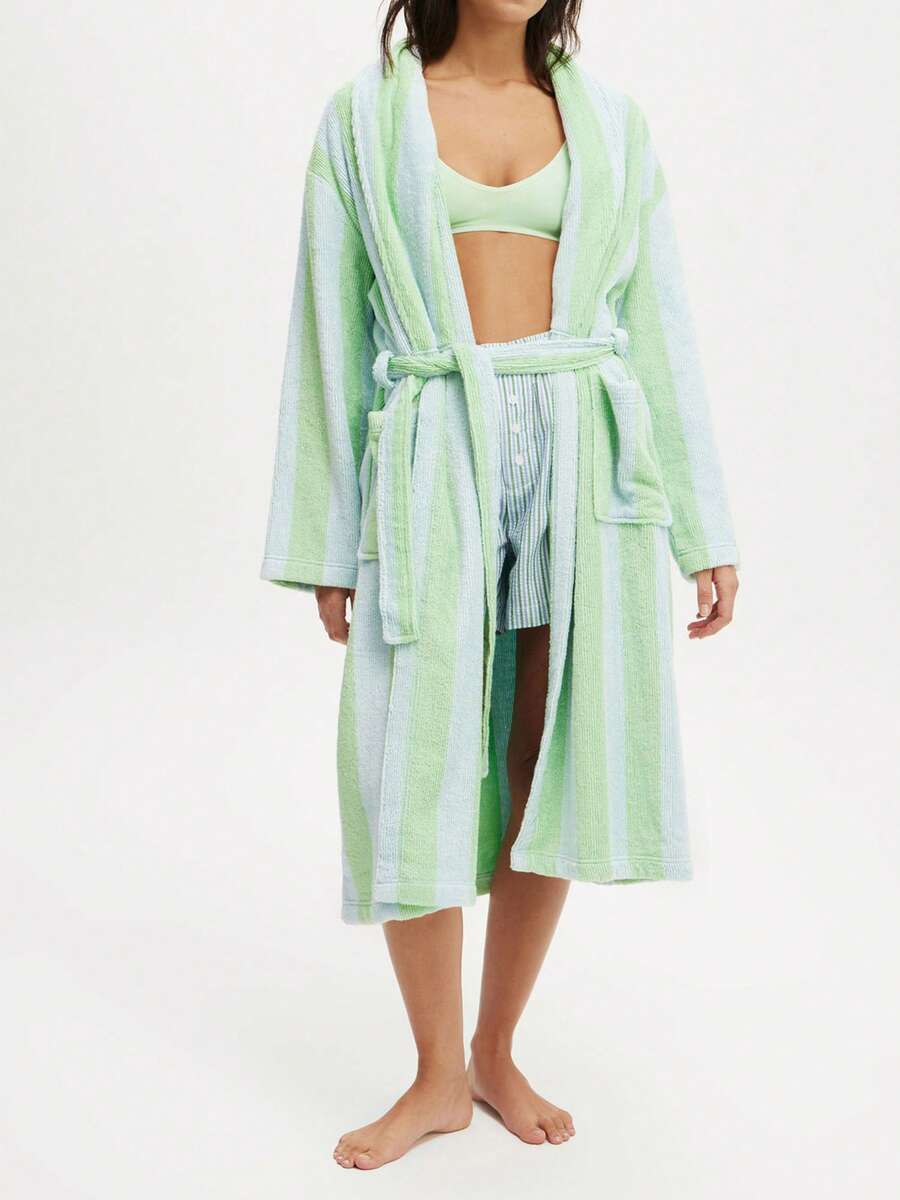 Womens Plush Soft Robe Long Sleeve Belted Striped Bathrobe With 2 Pockets For Spa, Pool - 綠松石色 - 查看 1