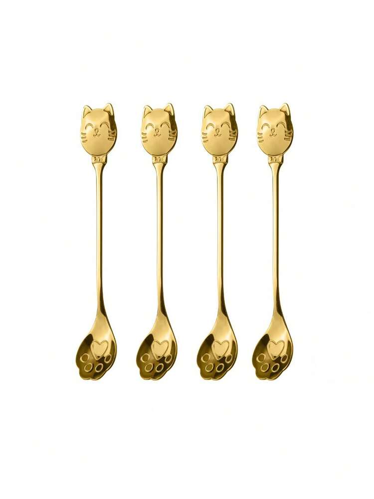 1pc/2pcs/4pcs/6pcs/8pcs优质不锈钢勺子，多色勺子，创意卡通招财猫笑脸爪勺，咖啡搅拌棒，甜点勺，猫爪穿孔勺，适用于厨房，餐厅，高档酒店 - 金銀色 - 查看 17