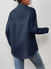 2026 Must-Have For The New Year Women's Elegant Shirt - Solid Color Long Sleeve Top With Button Front Collar, Machine Washable, Perfect For Fall/Spring Casual And Semi-Formal Looks, Structured Cut For Layering, Warm And Stylish Casual Wear, Chic And Versatile Women's Fashion Shirt, Women's Shirts, Long Sleeve Shirts And Tops, High Quality Women's Shirts, Women's Tops - 藍色 - 查看 2