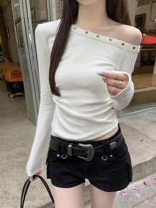 韩版时尚不对称肩部褶饰铆钉设计长袖T恤上衣，春季