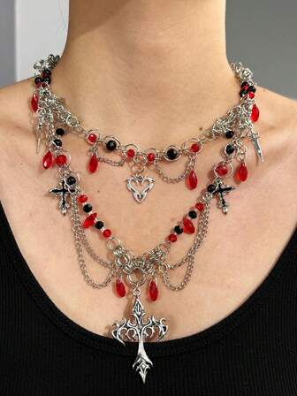 1 件 Y2K 时尚精致夸张个性化暗哥特嘻哈朋克精致尖刺十字架多层流苏颈链，女士日常佩戴和派对珠宝