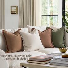 4pcs (Without Pillow Core) 4-Color Combination, Tassel Throw Pillow Cover For Sofa, Bedding, Decorative Cushion Cover. Vintage Farmhouse Style, Washed Fabric, Soft And Comfortable With Tassel Trim Around The Edge, Home Textile Decor