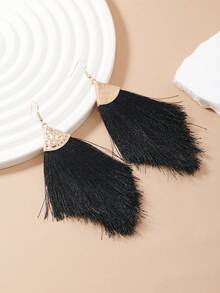 1 Pair Bohemian Style Vacation Versatile Khaki, Green, White, Orange Long Tassel Handmade Triangle Minimalist Fashion Oversized Alloy Earrings For Women, Suitable For Daily Wear - Black - View 3