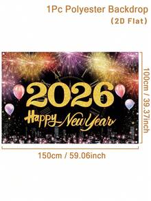 1pc Happy New Year Celebration Backdrop Banner,Glitter Fireworks Balloon Pattern Versatile Polyester Background Cloth For Indoor/Outdoor,Colorful Fireworks Theme Party Decor,New Year Eve Event Party Supplies,Perfect For New Year Photo Booth Wall Background Decoration Party Decorations Supplies Home Decor, 2026 New Years Decorations - Multicolor - View 4