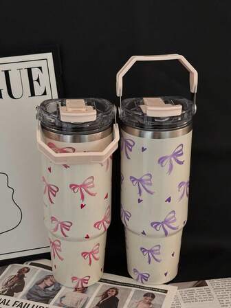 1 件 900ml_33.44oz 不锈钢杯，带手柄和吸管，可爱的蝴蝶结和心形设计，双饮水嘴，可保持饮料冷热，非常适合家庭、办公室、户外、送给朋友的礼物、生日礼物、圣诞礼物