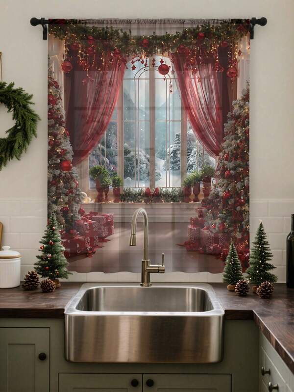 1 pieza Cortina decorativa transparente pero no transparente con diseño de muñeco de nieve, reno y árbol de Navidad, adecuada para sala de estar, dormitorio, puerta, cocina, reduce el ruido, decoración navideña