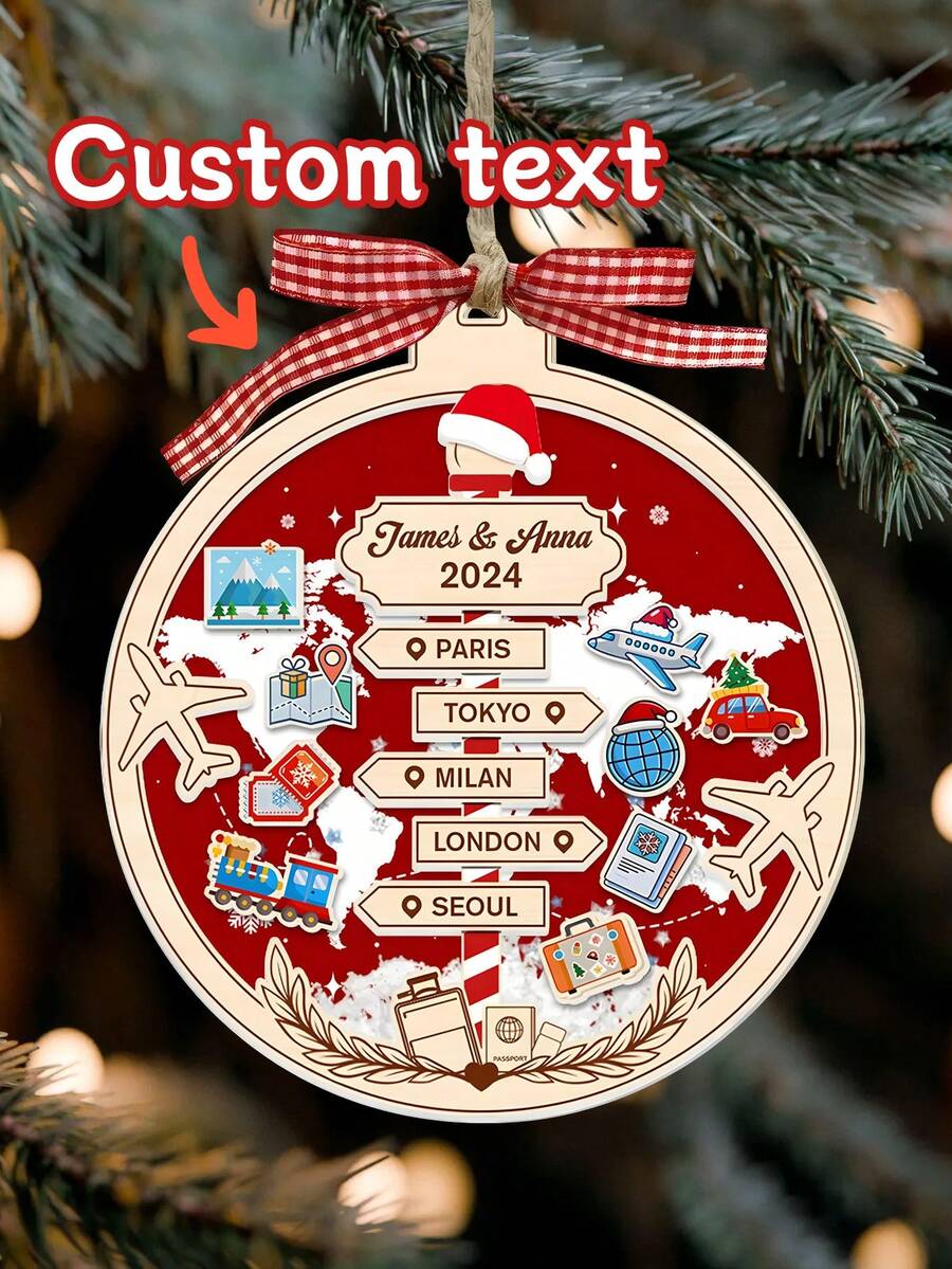 1pc Customized Personalized Travel Adventure Decor, Travel Christmas Decor, Travel Decor, Travel Gift, Couple Travel, Christmas Tree Ornament, Christmas Decor, Christmas Gift, Ideal Christmas Gift For Friends, Family And Travelers. Personalized Gift, Home Decor, Autumn Decor, Autumn Home Decor, Car Accessories, Christmas, Christmas Home Decor, Christmas Gift, Christmas Decoration - Multicolor - View 1