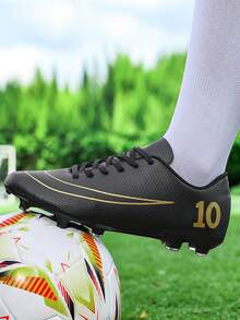 A Pair Of Professional Youth Football Shoes Made Of PU Leather, Suitable For Both Boy And Girl. Simple Shoe Upper, Comfortable And Soft, With Long Nail Anti Slip Function And Lace Up Wearing, Suitable For Daily Sports All Year Round - Black - View 6