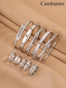 Camhanno 10pcs Exquisite And Fashionable Stainless Steel Bracelet Ring Set, Uniquely Designed, Perfect For Dating Occasions, Adding A Touch Of Elegance To Your Appearance, Perfect For Holiday And Birthday Gifts - Multicolor - View 12