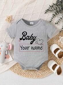 [Custom] Personalized Name Short Sleeve Romper For And Girls, Customized Name, Round Neck Short Sleeve Baby Girl Casual Jumpsuit, Black - Machine Washable - Grey - View 1
