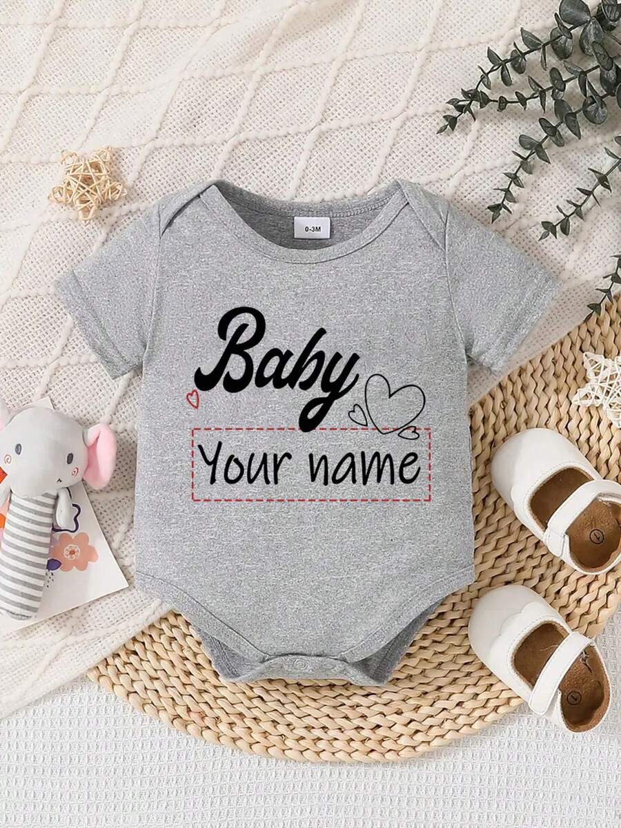 [Custom] Personalized Name Short Sleeve Romper For And Girls, Customized Name, Round Neck Short Sleeve Baby Girl Casual Jumpsuit, Black - Machine Washable - Grey - View 1