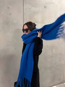 1 Women'solid Color Mohair Scarf Female Autumn Winter New All-In-One Neck Korean Version Of Advanced Sense Thick Warm Cape Suitable For Daily Use For Dress - Royal Blue a - View 6