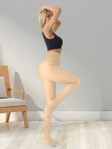 1 Pair Fleece Lined Warm Tights Thick Plush Thermal Women Leggings One Line Cortch Outdoor Wear Pantyhose For Winter 6 Colors &6 Sizes - 米色 - 查看 4