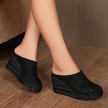 Women's Slip-On Mule Slippers With Breathable Suede Fabric, Rope Sole And Wedge Heel - Ink Black - View 7