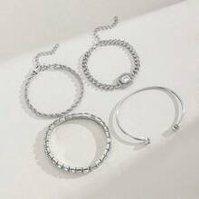 4-Piece Set Of Simple And Fashionable Bracelets For Women, Atmospheric And Versatile Light Luxury Niche Diamond Bracelet Set, Suitable For Daily Wear, Party, Gathering Wear, Gift Giving, Gift, Gift To Friends, Gift To Girlfriend, Birthday Gift, Holiday Gift, Christmas Gift - Silver-4PCS - View 5