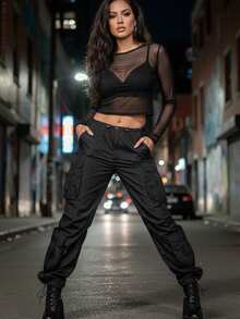 Women's Casual Boho Flap Pockets Drawstring Ruched Parachute Pants - 黑色 - 查看 1