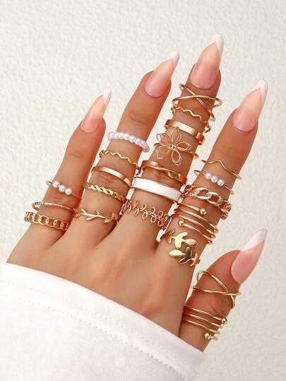 22/23pcs Bohemian Style Faux Pearl & Vintage Geometric Multi-Element Ring Set, Suitable For Women's Daily Wear