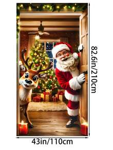 2D Santa Claus And Reindeer Holiday Door Banner, 1pc - Durable Polyester, 70.8x35.4 Inches, Ideal For Home Entrances And Outdoor Christmas Decor