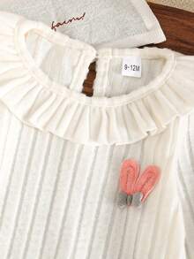 2Pcs Fall Outfit Baby Girl Long Sleeve Ruffle Crew Neck Rabbit Ears Decor Ribbed Shirt With Pants Set - White - View 4