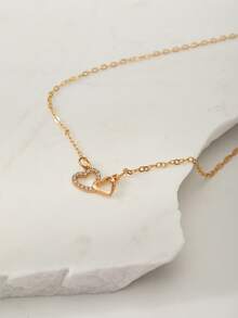 Clariva 1 pieza Collar minimalista de doble corazón hueco de moda, adecuado para uso diario y como regalo para citas, regalos de Navidad - Amarillo Oro - Ver 3