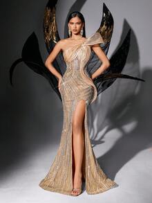 Đầm không tay xẻ tà, màu trơn, bóng mượt, cổ áo bất đối xứng, đính sequin và sọc. - Rượu sâm banh - Xem 4