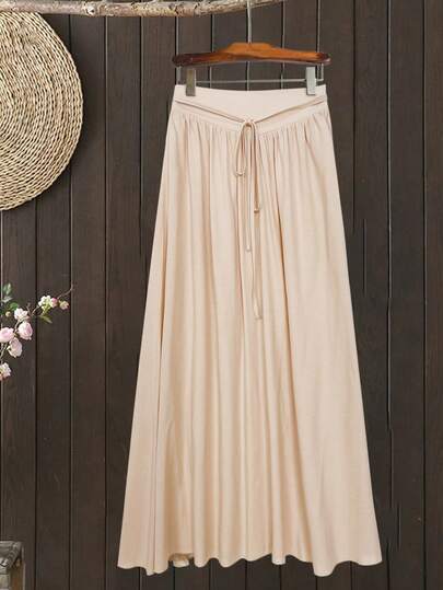 女士流行新款亚麻混纺波西米亚度假风宽松褶裥抽绳踝长裙