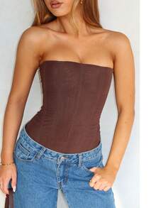 Women Y2k Strapless Bustier Corset Back Zip Mesh Boned Bodyshaper Tube Top Going Out Club Party Bustier Tops - 棕色 - 查看 4