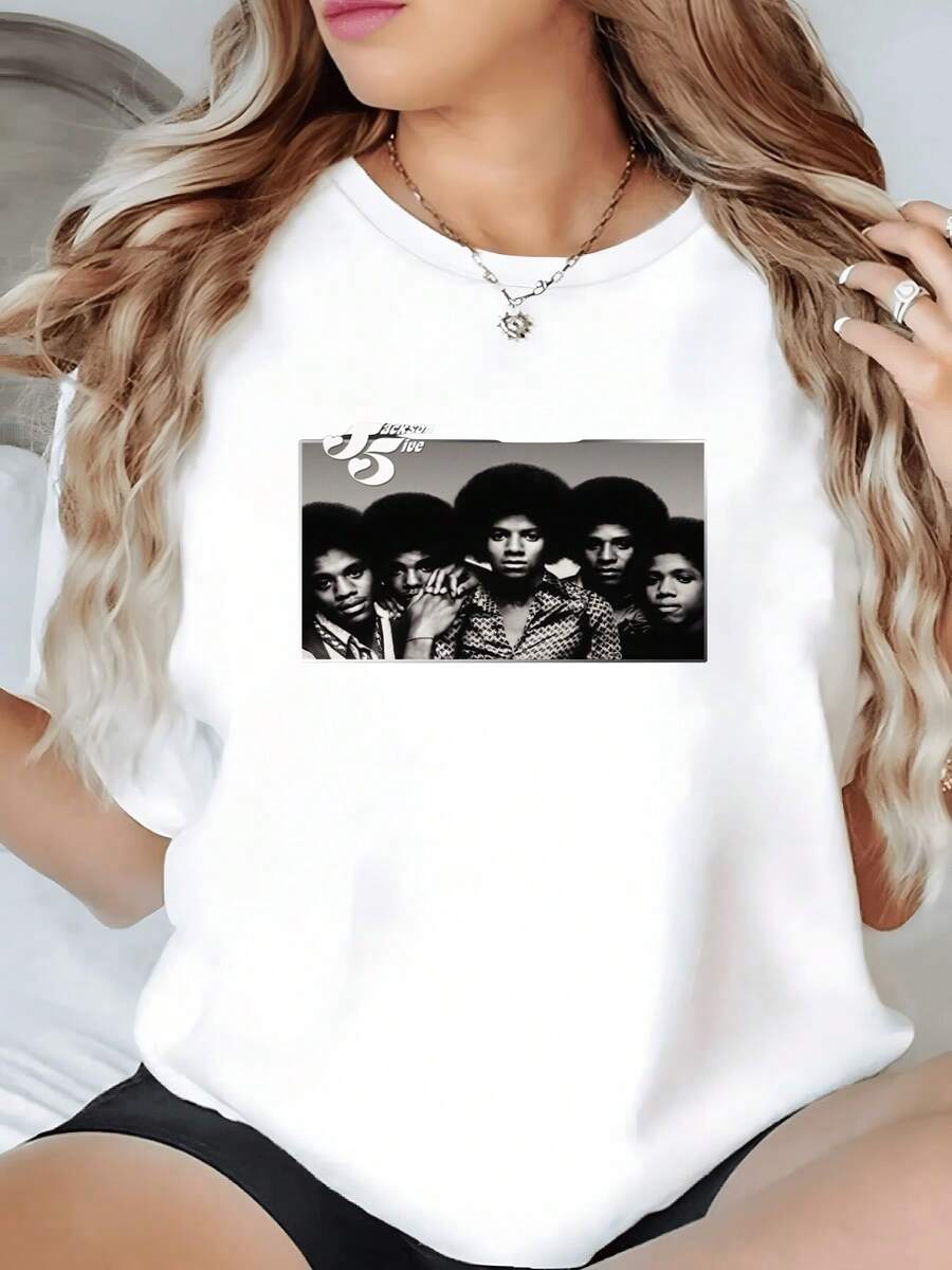 Camiseta Gráfica Negra Casual Jackson 5 1 unidad de Camisa de T 100% algodón para Mujer Jackson 5 Leyendas del Soul y Pop Clásico Camisa de T con Estampado Digital 220 Gramos Estilo Retro Vintage para Uso Diario Urbano - Blanco - Ver 1