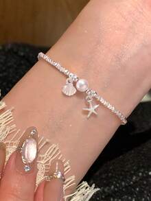 1pc 925 Sterling Silver Pearl Starfish Shell Bracelet - Unique Beach-Inspired Design Adorned With Silver Plates, Perfect Summer Gift For Mom Or To Create Coastal-Chic Looks