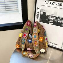 Bohemian Retro Hollow Floral Contrast Color Casual Messenger Bag - Mixed Color Fabric With Buttons, Hand Washable, Open Design, Ideal Choice For Women, Casual Fashion Accessory |     Bohemian Design |     Durable Fabric Bag - 卡其色 - 查看 2