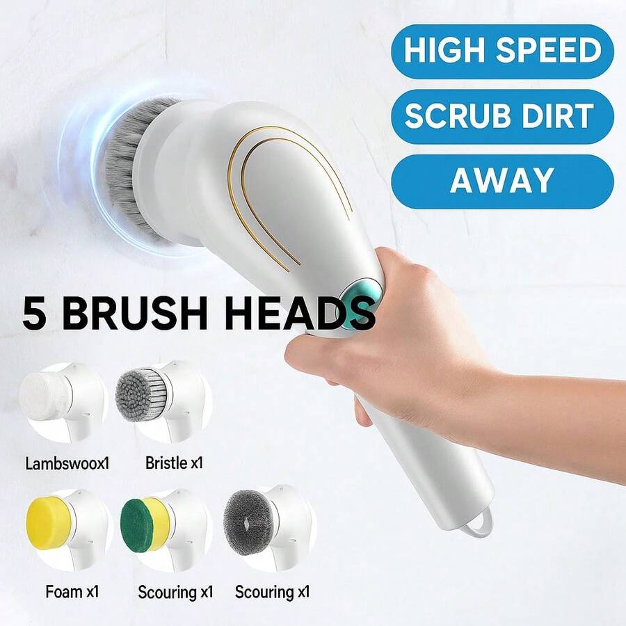 Multifunctional Electric Rotating Washer, Five Interchangeable Brush Heads, Rechargeable Electric Cleaning Brush Set - Multifunctional Handheld Brush, USB Charging, Medium Hardness, Suitable For Bathrooms, Kitchens, Bedrooms, Living Rooms, Toilets - Household Cleaning Tool Set With Handle - Xanh và trắng - Xem 1