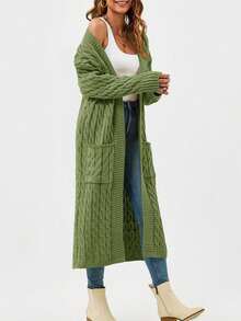 Women's Open Front Long Sleeve Cardigan Oversized Chunky Cable Knit Fall Sweater Coat With Pockets - Army Green - View 4