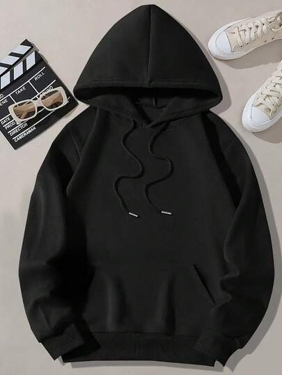 Black Solid Color Women's Hooded Sweatshirt (1 Piece Set) Fleece Fabric 260g Weight 50% Cotton 50% Polyester Suitable For Everyday Casual Wear Loose Hooded Top
