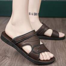 男士黑色皮革双带复古时尚露趾凉鞋，透气便捷防滑休闲凉鞋，适合春夏季 - 棕色 - 查看 6