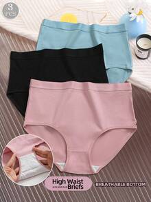 3pcs Women's High Waist Seamless Briefs, Comfortable Breathable Solid Color, High Elasticity, Tummy Control, Full Coverage, Minimalist Shaping Style - Multicolor - View 1