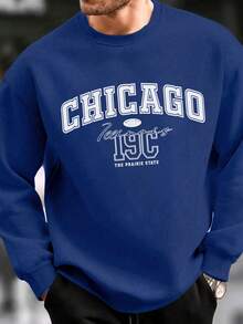 Men's American Retro Style Letter Graphic Crew Neck Sweatshirt, Chicago Letter Print, Casual Streetwear, Autumn/Winter, Long Sleeve Top - 軍綠色 - 查看 3